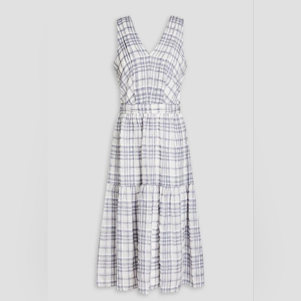 DKNY Plaid Double V-Neck A-Line Dress